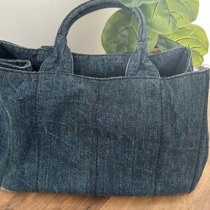Prada Canapa Blue Denim Logo Tote